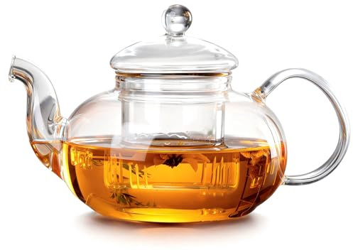DxxD Tetera Cristal con Infusor, 1000ml Tetera de Vidrio Transparente con Colador Extraíble, para Té de Hojas Sueltas, Hierbas, Frutas y Café, para Estufa y Gas