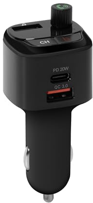 TechniSat Viola FMT 1 – FM Bluetooth-biladapter (handsfree-enhet med LED-skärm, USB QC 3.0 och 20 W PD snabbladdningsfunktion, MP3/WMA/WAV-uppspelning, eko och brusreducering, 12–24 V)