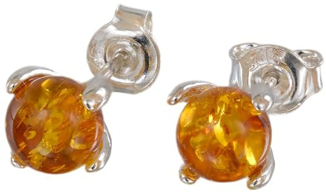 Sadie Genuine Baltic Honey Amber Stud Earrings in 925 Sterling Silver – Handmade Polish Round Amber Posts, Lightweight Minimalist Jewelry for Women