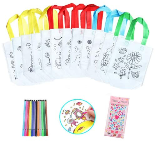 Heatigo Kinder Stoffbeutel Set,24 Stück Non-Woven Tasche Zum Bemalen & 12 Farbe Buntstifte für Kindergeburtstag DIY Graffiti Taschen Ideal für Geburtstagsfeier Geschenke Schulen Kindergarten
