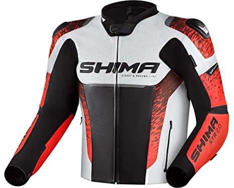SHIMA STR 2.0 Giacca da moto - Pelle, giacca sportiva con protezioni per schiena, gomiti, spalle, pelle traforata, per tuta 2 pezzi (Rosso Fluo, 52)
