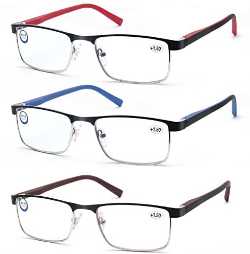 MODFANS 3 Occhiali da Lettura per Uomo Occhiali Vista Anti Luce Blu Metallo Acciaio Inox Leggera Rosso Blu Marrone
