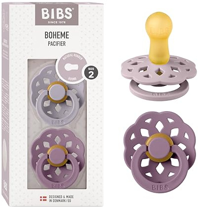 BIBS Boheme Soother 2-Pack. BPA Free Dummy Pacifier, Round Nipple. Natural Rubber Latex, Made in Denmark. 6-18 Months (Pack of 2), Fossil Grey/Mauve