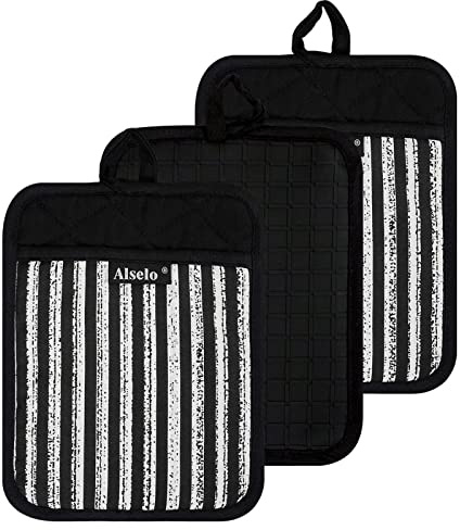 Alselo Silicone Pot Holders Set of 3 Heat Resistant & Non Slip Potholders, Professional Oven Hot Pads with Pockets Mitts for Kitchen Cooking Baking Barbecue (3, Black)