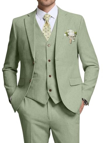 High-End Suits Retro Men Suits Linen 3 Pieces Suit for Men Summer Thin Suits Light Green Blazer Vest Pants XL