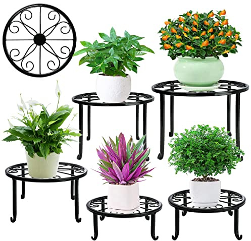 Metal Plant Stand 5 Pack Plant Stands for Indoor Outdoor Plants Multiple Heavy Duty Flower Pot Stand Holder Rustproof Iron Round Plant Shelf for Planter Outdoor Plant Stand for Patio & Garden Décor