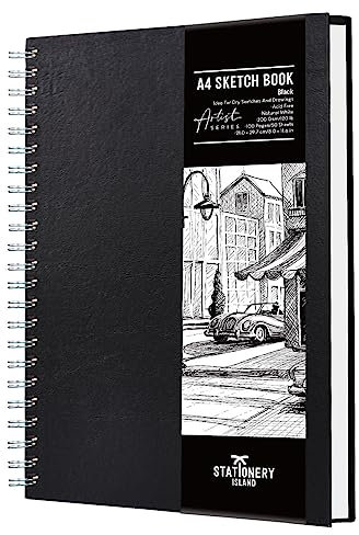 STATIONERY ISLAND A4 Skizzenbuch, 200 g/m² Dickes Papier, Spiralgebundener Zeichenbuch A4 Hardcover, Skizzenblock zum Skizzieren, Illustration, Porträt, 50 Blatt/100 Seiten