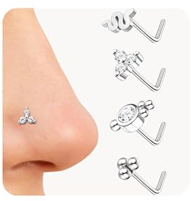 Kakonia näspiercing guld kirurgiskt stål L-formad näspiercing plugg silver opal CZ turkos bi planet näsplugg öronstift set nostril piercing, 7 millimeters, Rostfritt stål