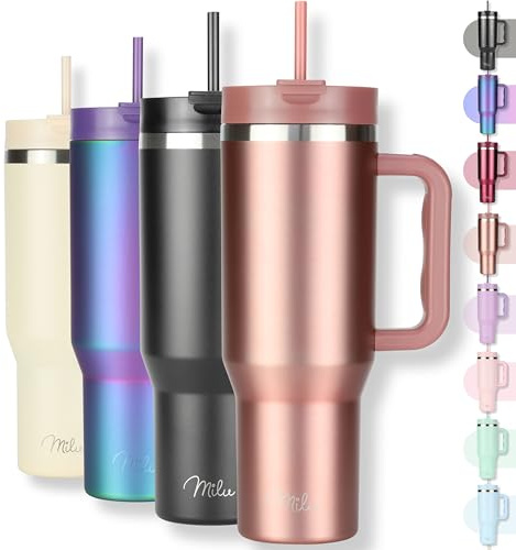 Milu Thermobecher 1,2L mit Strohhalm und Henkel – 48h Eis/24h kalt/12h heiß Edelstahl Tumbler 40oz mit Griff - Isolierbecher to go - Isolierflasche Trinkflasche doppelwandig isoliert (Rose Gold, 1,2L)