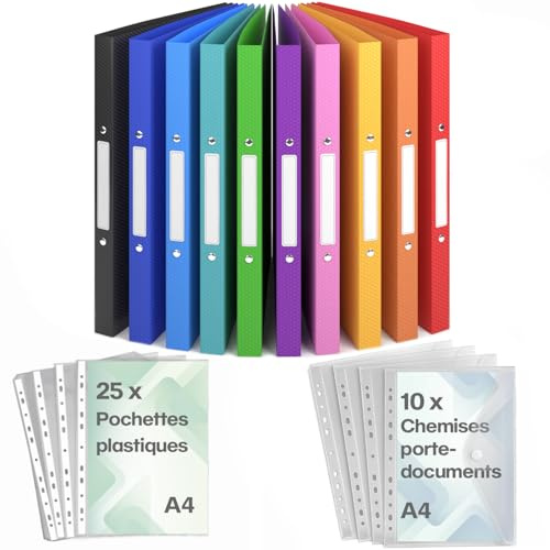 ACROPAQ - 10 x Ringbuch A4 - Inkl. 10 x Dokumententasche, 25 x Klarsichthüllen und 12 x Rückenetiketten, Mit 2 Ringen, Rückenbreite 2,5 cm, Regenbogen, Nature Farbkollektion - Ringhefter, Ringordner