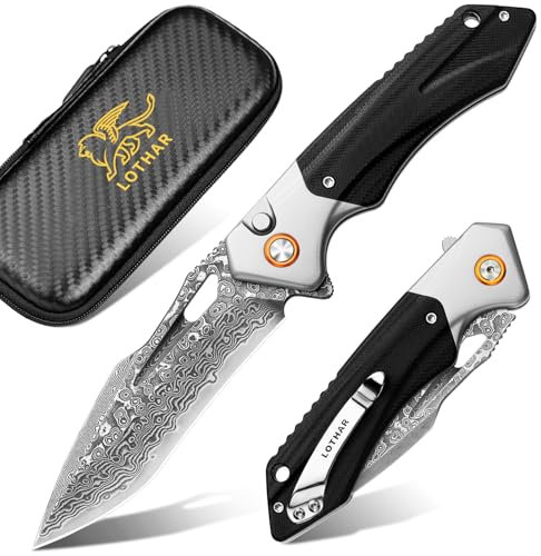 LOTHAR LICH KING Klappmesser, Scharfe Damast Stahl Taschenmesser, Einhandmesser mit G10 Griff, Button Lock Outdoor Messer, Survival Messer