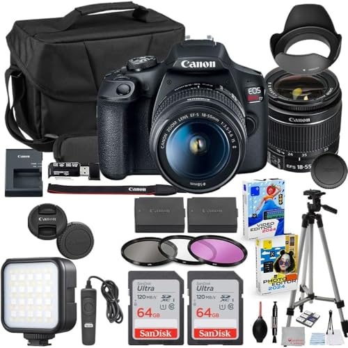 Canon EOS Rebel T7 DSLR Camera with 18-55mm Lens Bundle with Extra Canon Battery + 2X 64GB Memory Cards + Accessory Kit Including Bag, LED Light, Microphone, Remote, Software & More