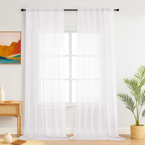 Simplebrand Sheer White Curtains 245 cm Long, Light Filtering Rod Pocket Solid Color Window Sheer Panels, Voile Curtains & Drapes for Living Room, Bedroom 2 Panels (White, 150cm W x 229cm L)