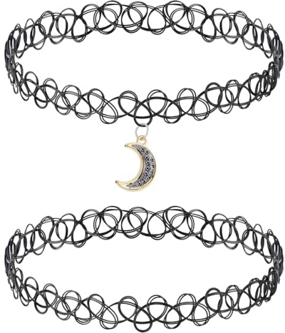 DIVINA VITAE 2 Pcs Black Tattoo Choker Necklace Set for Woman Stretchy Jewelry 90s Choker Necklace Accessories for Women Teen Girls Kids - Black Pendant Charm for Jewelry Gift Summer Style