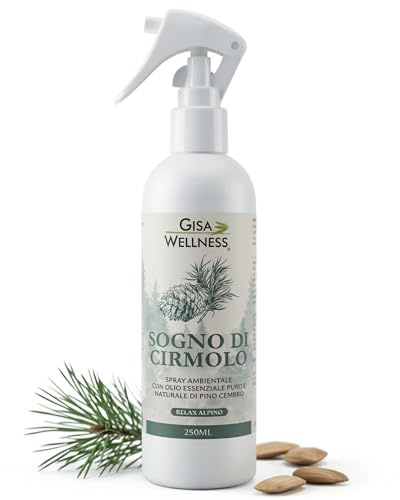 Spray Ambientale con Olio Essenziale di Cirmolo Sinergia 250ml per Aromaterapia, Relax e Benessere Profumatore Casa per Purificazione Negatività e Relax Pino Cembro Gisa Wellness