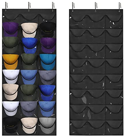 Dofilachy Hat Organizer Racks for Baseball Caps, Visible Hat Holder Rack for Wall Door with 3 Hooks, 24 Deep Pockets
