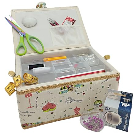 JYC CREATIVE Großer Nähkasten aus Holz mit Zubehör, mit Stoff ausgekleidete Nähbox mit 8 Fächern, Organizer mit Nadelhalter, Box mit Griff, Zubehörtablett, (Est. Herz, Groß)