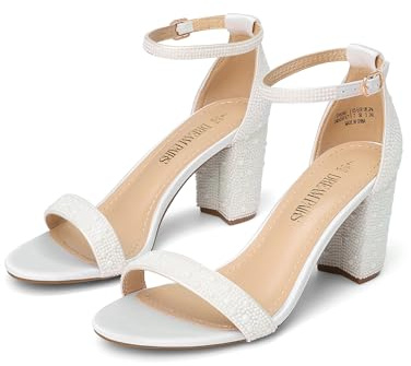 DREAM PAIRS Women's Comfort Block Heel Sandals,White-Pearl,8