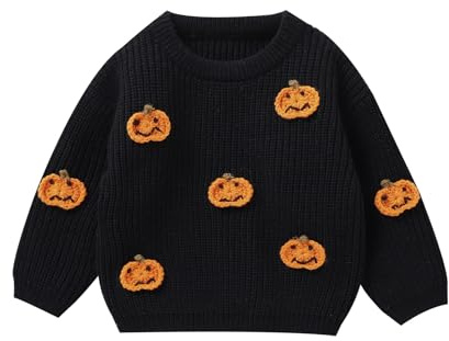 Xeadoffubio Pull unisexe pour bébé - À manches longues - Col rond - Citrouille - Lettre brodée - Pull en tricot - Pour bébé - Halloween - Fantôme citrouille, Noir , 12-18 mois