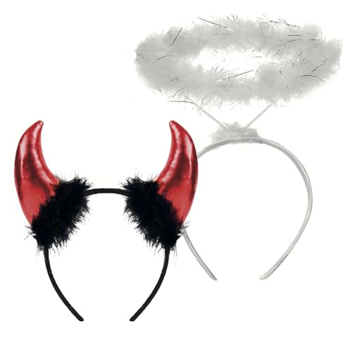 NAÏZAYA 2xCerchietto per Capelli Halloween – Corna da Diavolo e Aureola Angelo con Piuma - Gadget per Costume