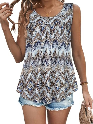 Womens Vest Tops Sleeveless Crew Neck Tank Top(Light Grey Ethnic,L)