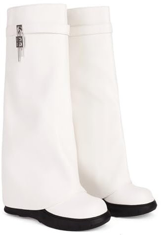 LIUHD Botas Caña Alta para Mujer Botas de Otoño-Invierno Sin Cordones, Botas de Plataforma con Tacón de Cuña y Punta Redonda hasta la Rodilla,White,43
