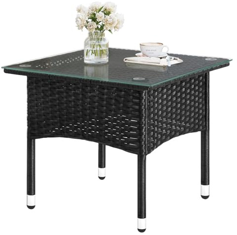 WOLTU Polyrattan Beistelltisch, Balkontisch klein, Gartentisch wetterfest, eckig, mit Glasplatte, für Balkon Terrasse Garten, 50x45,5x50 cm, Schwarz