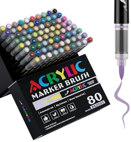 80 Colors Acrylic Marker With Brush Tip Automatic Ink Control, Water Based Ink Paint Markers For Rock Painting, Canvas, Wood, Ceramic, Glass, Stone, Fabric, DIY Crafts Textile & Art Supplies