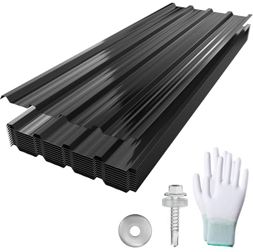 YUENFONG 12 Stück Wellplatte Trapezblech Dachbleche Dachplatten Verzinkter Stahl mit Struktur, 129,5x45 cm Profilblech mit Schrauben & Handschuhe, 7 m² für Garage, Schwarz