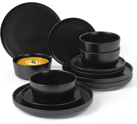 Jiwoo Geschirrset 4 Personen 12 tlg. Tafelservice Modernes Bone China Schüssel- Dessertteller -und Teller Set, Hochwertiges Geschirr Set, Mikrowellen- und Spülmaschinenfest