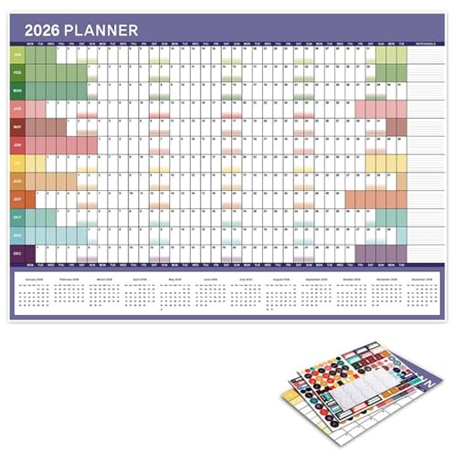 Year Wall Calendar Planner 2026, Large Monthly Yearly Academic Wall Planner, 74.2 x 52.5cm Paper Annual Chart from Jan to Dec 2026 with Stickers to View Calendar Home Office Work Runs Plan, Navy Blue