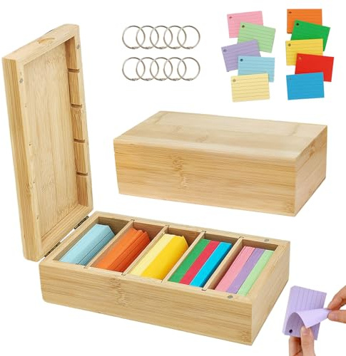 CAAGGMM Cartoncini A8 in legno con coperchio, 22,4 x 10 x 7,5 cm Porta Carte Organizer in legno per Indice, Regolabili Scatola per Schede con 500 Post it, per Organizzare i Biglietti da Visita