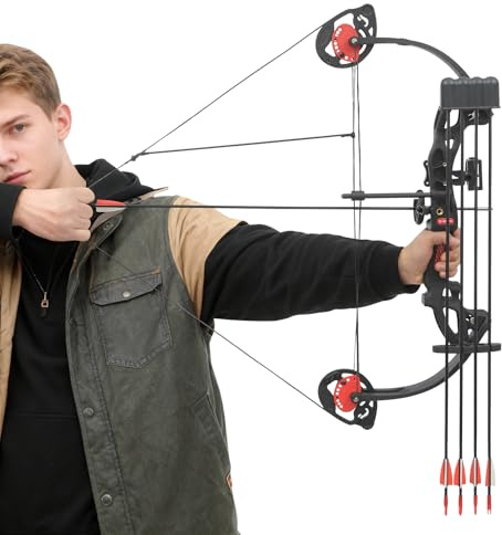 Ensemble Arc À Poulies Kit d'arc Tir l'arc avec Flèches 16-29 LB, 12 Flèches Viseur Protège-Bras Arc Poulies pour Jeunes Arc Chasse Adulte, pour Entraînement Compétition Sport Scolaire