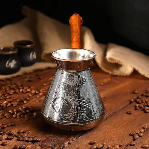Cafetera de cobre de 25 onzas con grabado turco griego árabe para estufa, cafetera Cezve Ibrik Briki con mango de madera Warrior