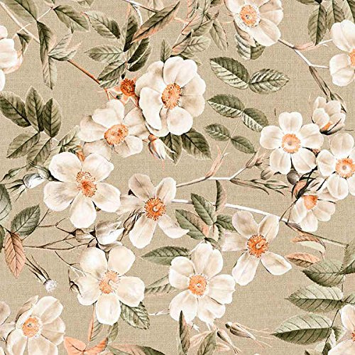 Kt KILOtela - Tela Loneta Estampada Digital, Decoración, Tapizar, Cojines, Manteles, Bolsos, Manualidades, 100 cm Largo x 280 cm Ancho, Flores Leire, Blanco, Marrón - 1 Metro