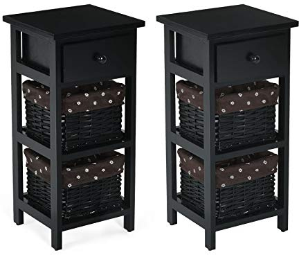 COSTWAY Lot de 2 Table de Chevet Table de Nuit en Bois de Paulownia avec 1 Tiroir et 2 Panier d'Osier Amovible Style Chic Vintage Rustique Campagnard Blanc (Noir x 2)