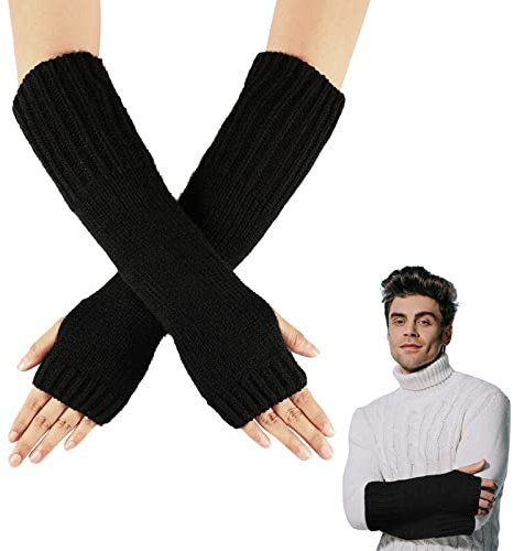 Boyiee Mens Wrist Warmers Knit Arm Warmers Thumb Hole Winter Fingerless Gloves Thermal Knitted Fingerless Mittens for Men (Black)