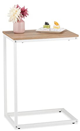 Relaxdays Beistelltisch in C-Form, HBT: 60 x 30 x 45 cm, Sesseltisch zum Unterschieben, Metall & Holzoptik, weiß/braun