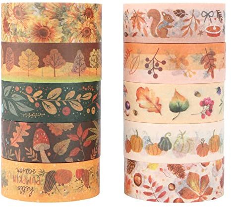 LGEGE 10 Rolls Fall Washi Tape Set,15 mm Wide,Autumn Tree Falling Leaves, Pumpkin,Maple Pattern, Masking Paper Tape Décor for Scrapbook,DIY Craft,Bullet Journal (5m)