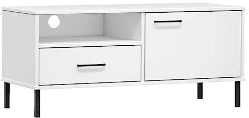 vidaXL TV Cabinet with Metal Legs - Industrial Style Solid Pine Wood Unit with Storage Compartment and Drawer - White OSLO Range
