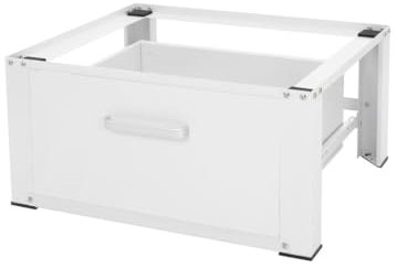 ML-Design Waschmaschinen Untergestell mit Schublade 63x54cm Stahl Weiß bis 150kg, Waschmaschinen-Unterschrank, Stabiler Waschmaschinensockel, H=31,5cm Podest Erhöhung Unterbau für Trockner/Kühlschrank