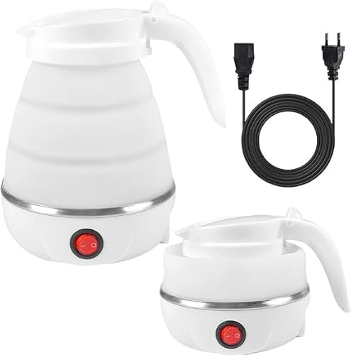 Bouilloire Électrique Pliable, 600 ml Bouilloire de Voyage en Silicone, Portable Kettle Mini Bouilloire de Voyage pour Camping, Voyages, Vacances (Blanc)