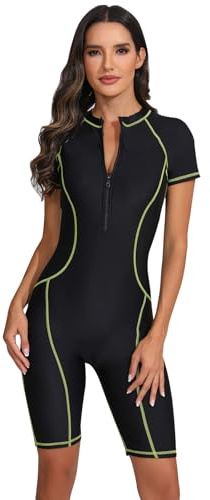 Odizli Swimming Costume Women Short Sleeve Zip Up Modest Swimwear One Piece Boyleg Swimsuit Ladies Muslim Full Body Burkini Rash Guard Neoprene Bathing Suits Wet Surf Wetsuit Green Line S