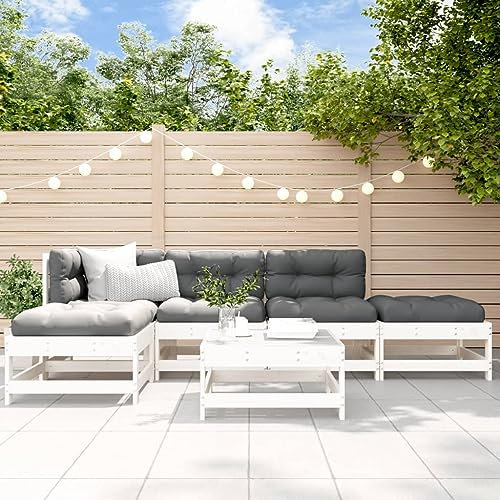 QZZCED Balkonmöbel-Set Gartenmöbel-Sets Garten-Loungemöbel Terrassengarnitur 6-TLG. Garten-Lounge-Set mit Kissen Weiß Massivholz für Garten, Terrasse und Balkon