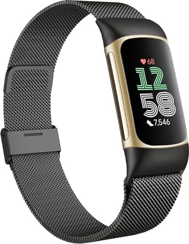 Faliogo Metal Strap Compatible with Fitbit Charge 6 Strap for Women Men, Adjustable Stainless Steel Mesh Loop Replacement band with Magnetic clasp for Fitbit Charge 6, Black