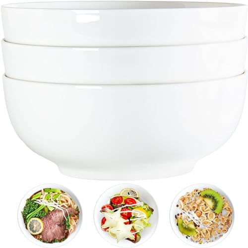 Yuanlity 60 oz Large Soup, Ramen, Pho, Noodle, and Salad Bowl Set of 3, 8 in White Ceramic Bowls, Versatile & Microwave Safe