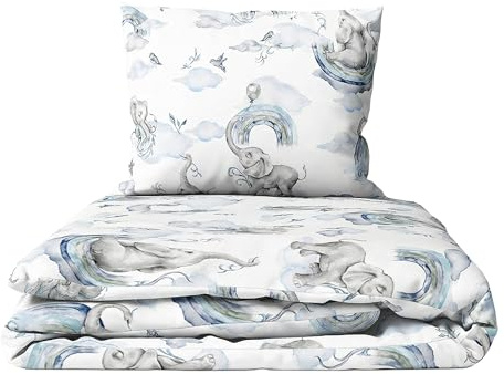 Baby Comfort 2-Piece Toddler Duvet & Pillow Set - 120x90 cm - 100% Cotton Breathable Fabric - Machine Washable Quilted Bedding for Cot Bed 12M+ (Blue Elephants)
