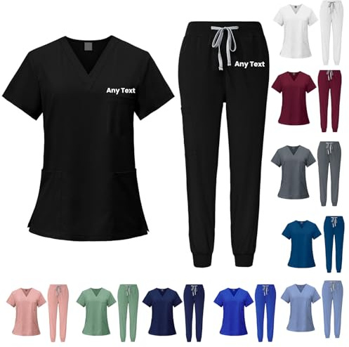 JPHCHSC Personalised Scrubs Set for Women - Stretch V-Neck Scrub Top & Jogger Trouser Pants,Customized Scrub Sets for nurse,surgical,hospital,medical uniforms,beauty,beautician uniform,joggers