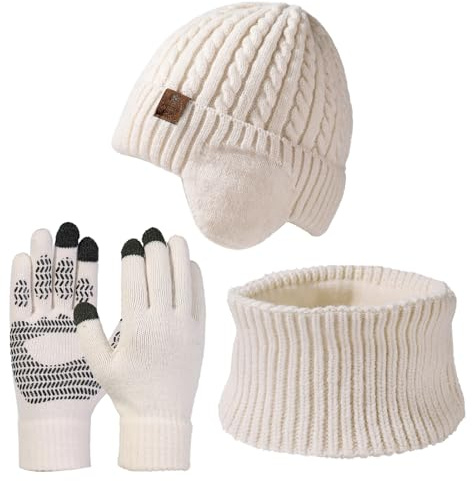 3 Pcs Unisex Winter Knitted Warm Hat Scarf and Gloves Set - Beanie Cap with Earflaps,Touchscreen Gloves and Neck Warmer Scarf Fleece Lined for Men and Women