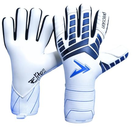 Precision Elite 3.0 Giga Goalkeeper Gloves, 4 mm Giga Latex Grip, Super Lite Negative Cut, All Weather Strapless or Strapped Fit, 9, White/Black/Blue